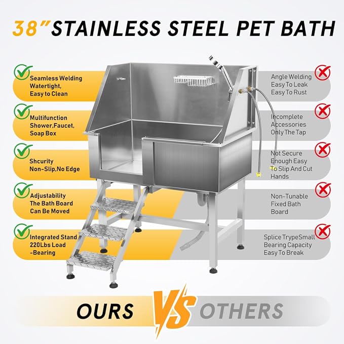 Dog Washing Station, 38 Inch Stainless Steel Bathing Station, Pet Dog Grooming - Image 8