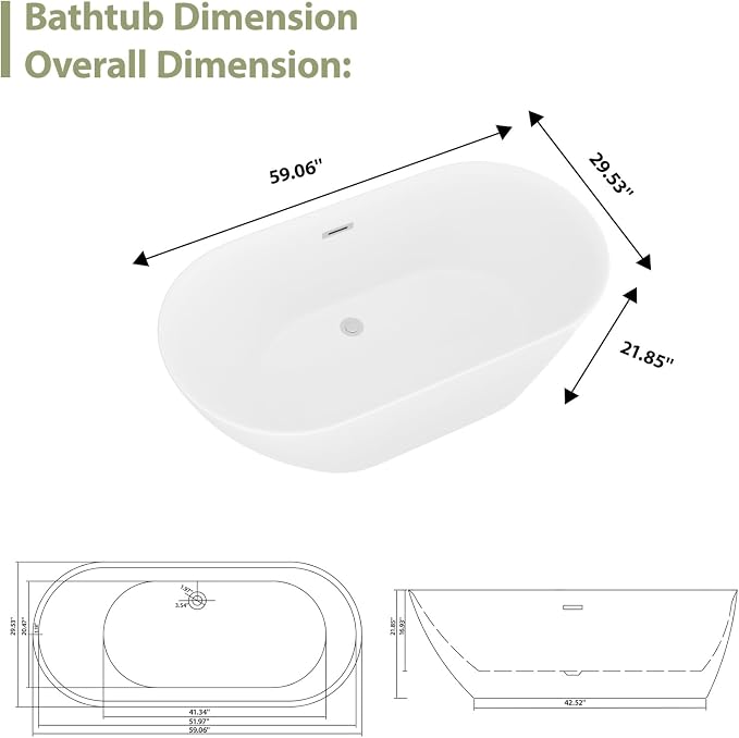 Mocoloo 59" Acrylic Freestanding Bathtub Contemporary Soaking White Bath Tub - Image 7