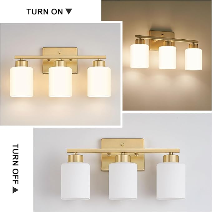Gold Bathroom Light Fixtures, 3-Light Modern Vanity Light Over Mirror, Wall - Image 4
