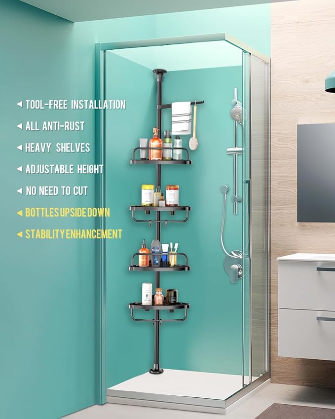 ADOVEL 4 Layer Corner Shower Caddy, Stainless Steel ​Constant Tension Pole - Image 2