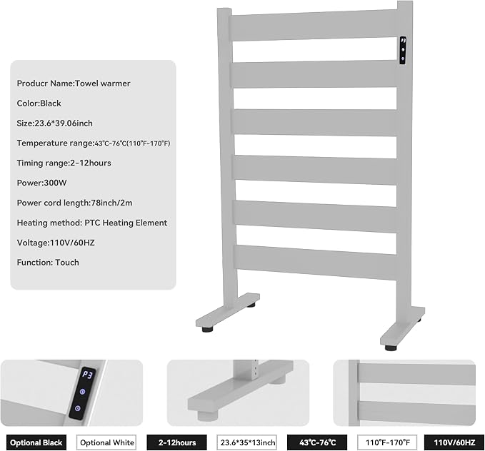 Heated Towel Racks for Bathroom, Freestanding Towel Warmer, 6 Bars Towel - Image 3