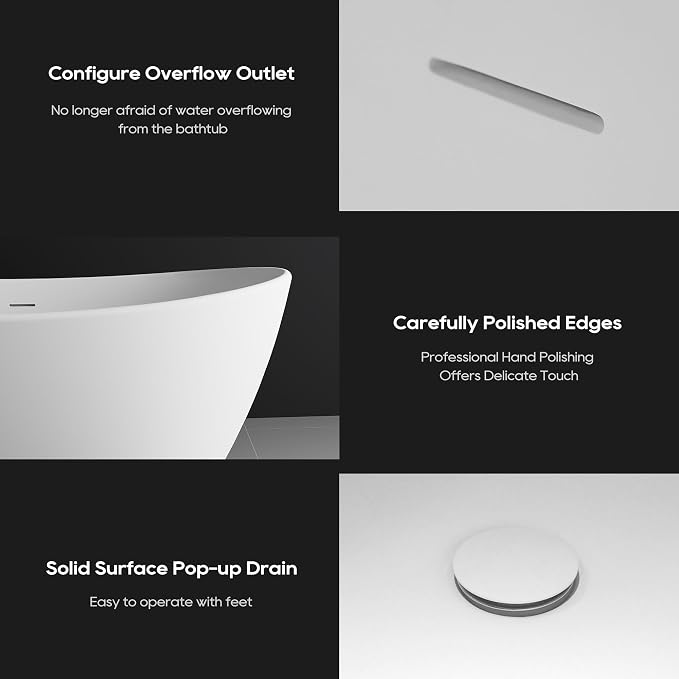 SJ STAR&JANE 61" Solid Surface Freestanding Bathtub Stone Resin Tub Oval Double - Image 6