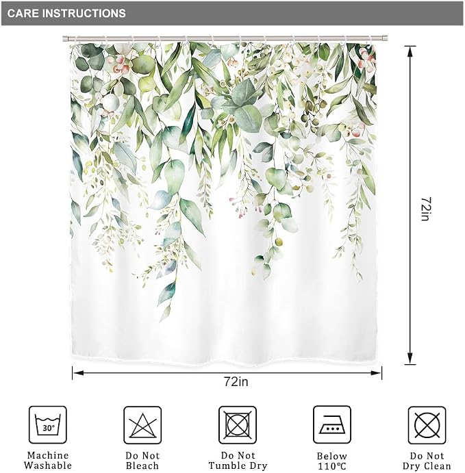 Riyidecor Green Eucalyptus 4Pcs Bathroom Shower Curtain Sets Plants Botanical - Image 5