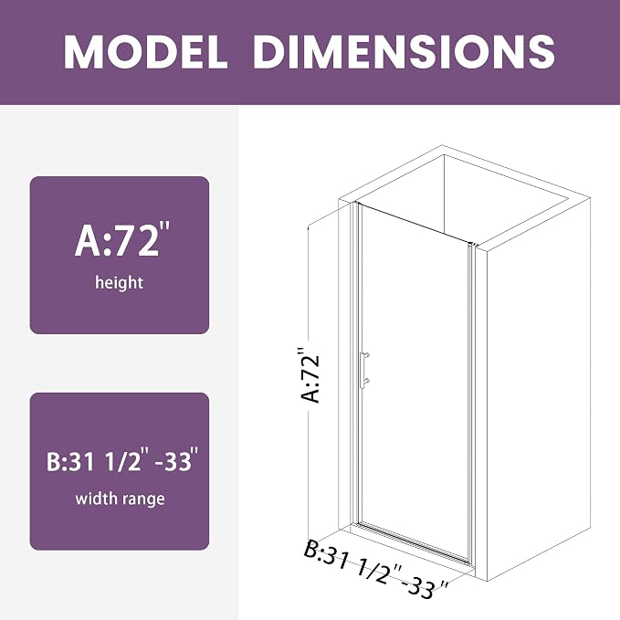 Glass Shower Door 31.5-33" W x 72" H, Semi-Frameless Pivot Shower Door - Image 9