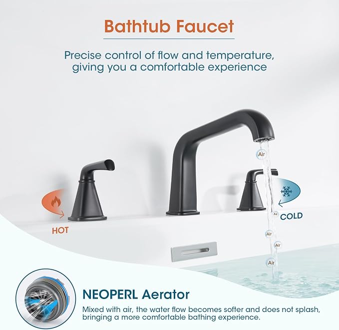Bathtub Faucet Set 3 Hole, Matte Black Roman Bathtub Faucet, High Flow Deck - Image 6