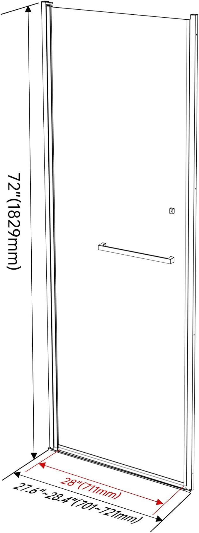 Frameless Pivot Shower Door 27-28" W x 72" H, Pivot Swing Shower Glass Door - Image 8