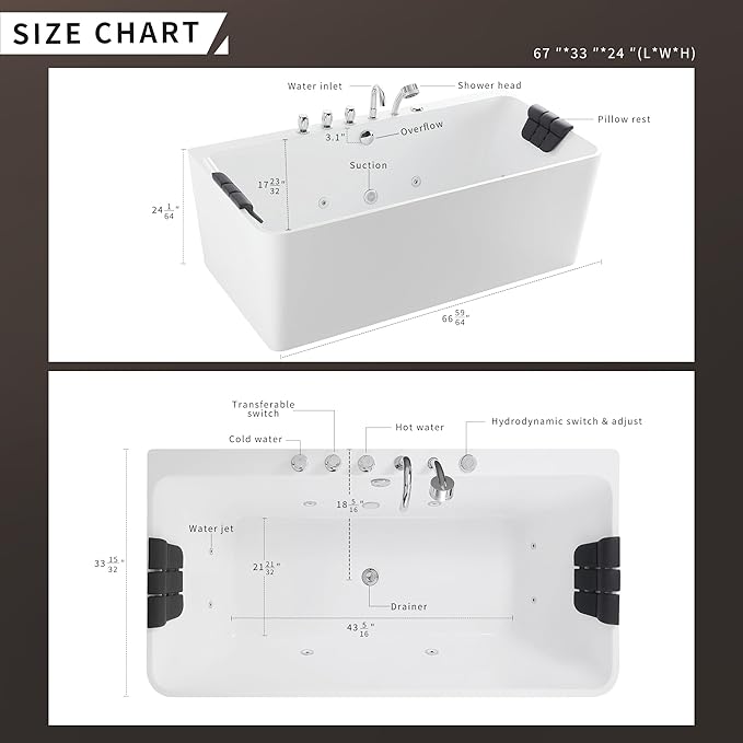 Whirlpool Bathtub 67 in. Acrylic Freestanding Bath Tub Hydromassage Gracefully - Image 5