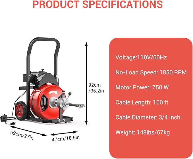 100Ft 3/4 Inch Cable Drain Cleaning Machine, 450W Auto Feed Portable Electric - Image 2