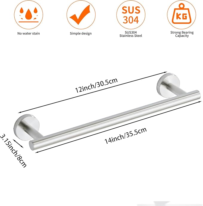 Bath Towel Bar, 12 Inch 304 Stainless Steel Thicken Towel Holder - Image 2