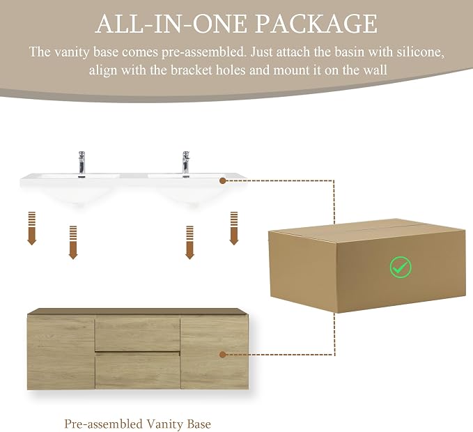 60-Inch Floating Bathroom Vanity, Modern Wall-Mounted Bathroom Storage Vanity - Image 7