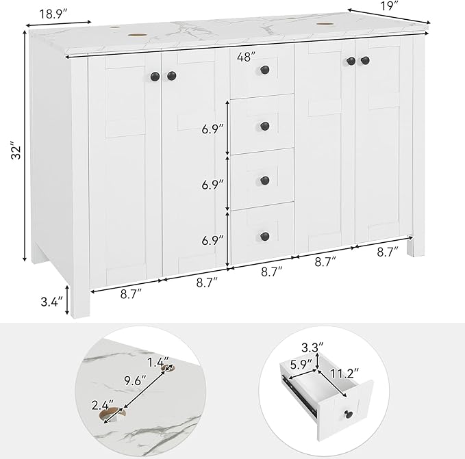 48" White Bathroom Vanity with Marble Texture Top and 4 Drawers, Modern - Image 2