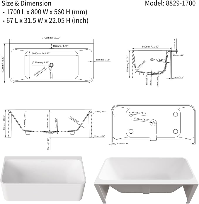 Cpingao 67" Stone Resin Freestanding Bathtub, Rectangular Shape Freestanding - Image 5