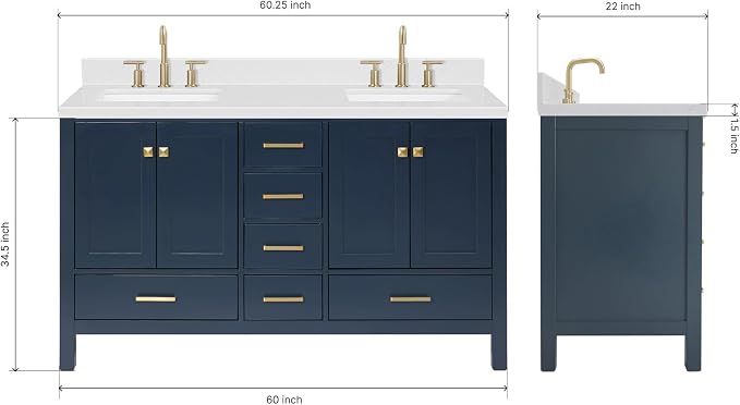 ARIEL Cambridge 60 Inch Midnight Blue Bathroom Vanity Double Sink, Solid Wood - Image 2
