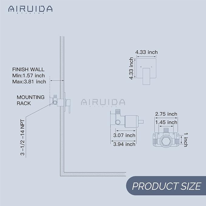 Airuida Square Single-Function Brass Faucet Shower Rough-in Valve Male Thread - Image 6