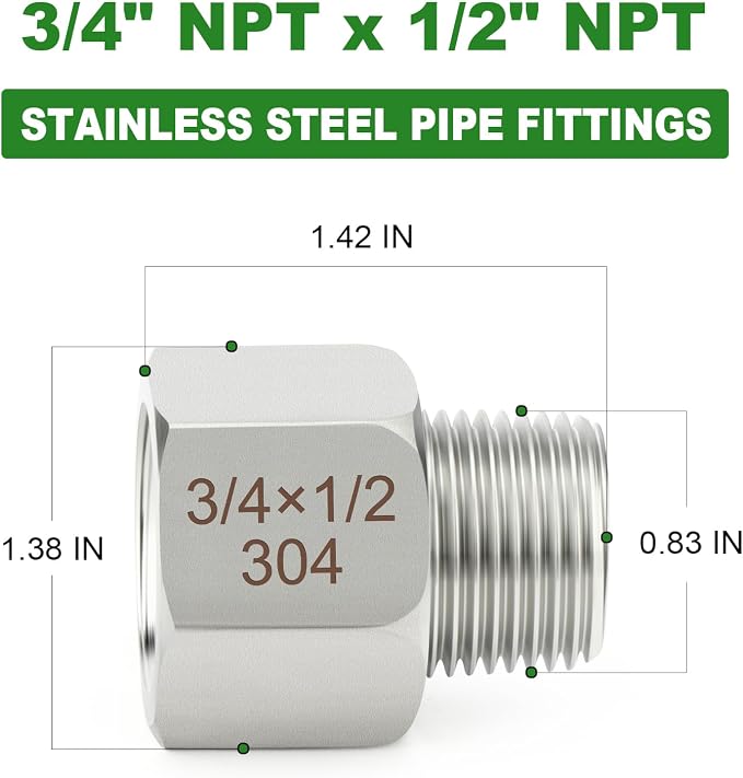 TAISHER 5PCS 304 Stainless Steel Pipe Fitting, New Reducer Adapter, 1/2" NPT - Image 2