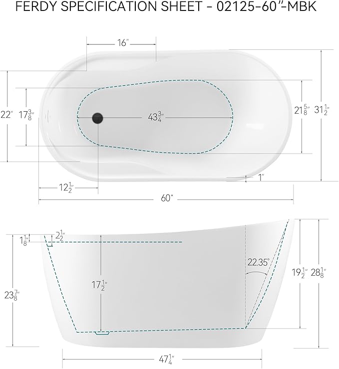 FerdY Lana'i 60" Freestanding Bathtub, Gracefully Shaped Freestanding Soaking - Image 6