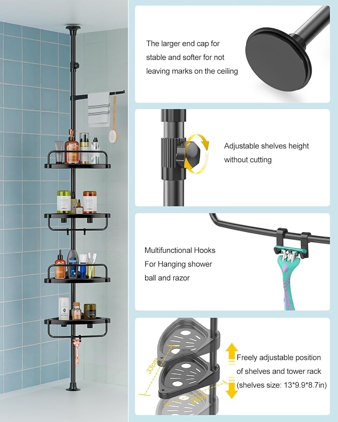 ADOVEL 4 Layer Corner Shower Caddy, Stainless Steel ​Constant Tension Pole - Image 5