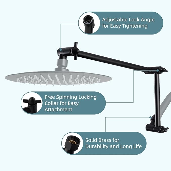 iFealClear All Metal 16" Shower Head Extension Arm, Solid Brass Shower Head - Image 4