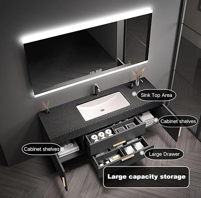80" Bathroom Vanity with Single Sink, Floating Bathroom Vanities with LED Smart - Image 3