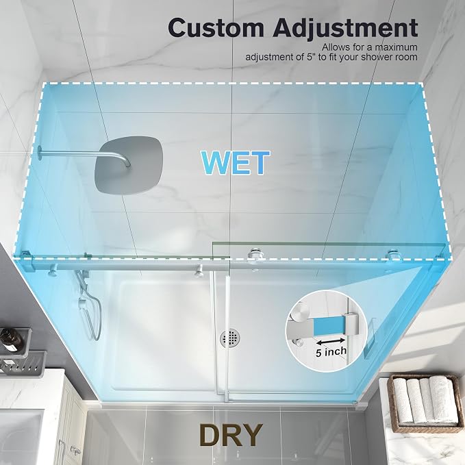 Frameless Shower Door, 55-60" W x 76" H Sliding Glass Shower Door, 1/4'' SGCC - Image 7