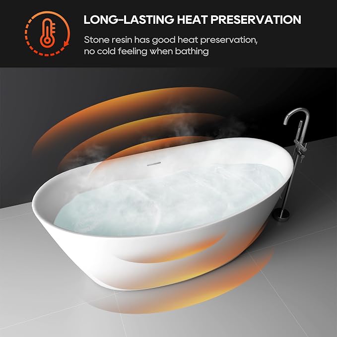 SJ STAR&JANE 61" Solid Surface Freestanding Bathtub Stone Resin Tub Oval Double - Image 3