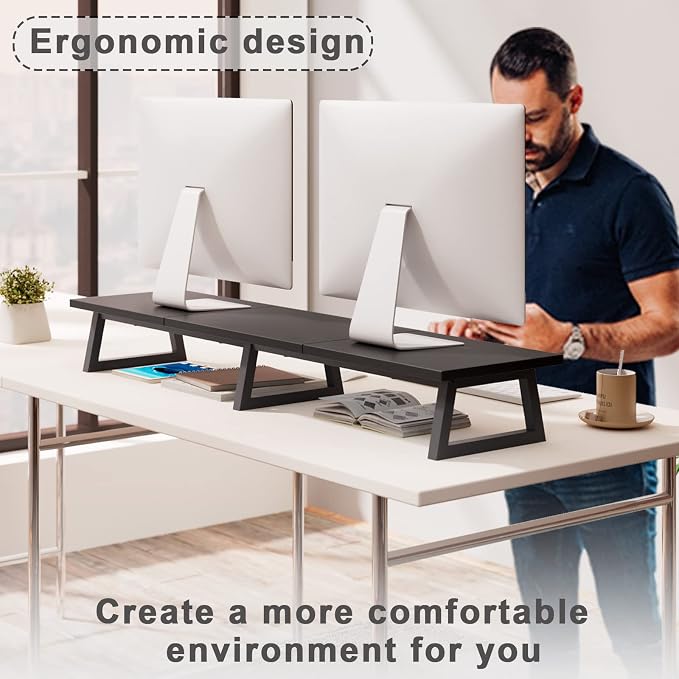 TEAMIX Black 42 inch Dual Monitor Riser, Wood and Steel Long Monitor Stand - Image 2
