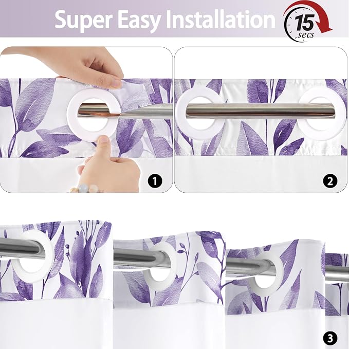 No Hook Shower Curtain and Liner Set, Light Purple Eucalyptus Floral Shower - Image 3
