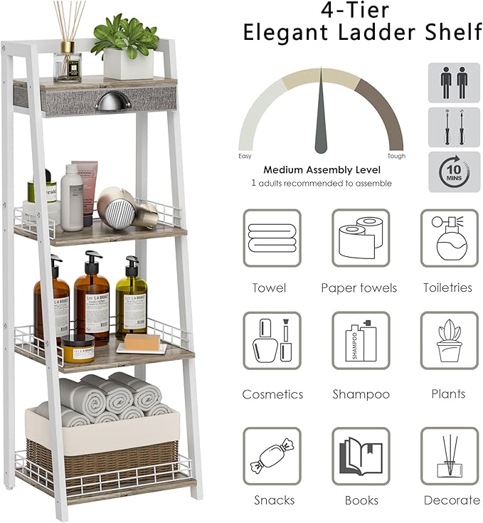 keomaisyto 4-Tier Elegant Ladder Shelf, Bathroom Storage Shelf, Ladder Bookshelf - Image 7