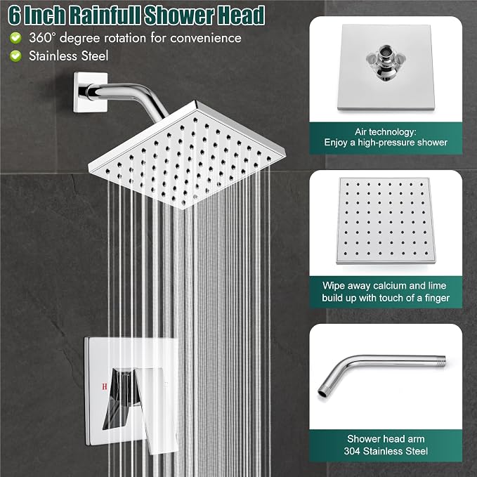 Heyalan Bathtub Shower Faucet Set, 6 Inch Square Trim Kit - Image 3
