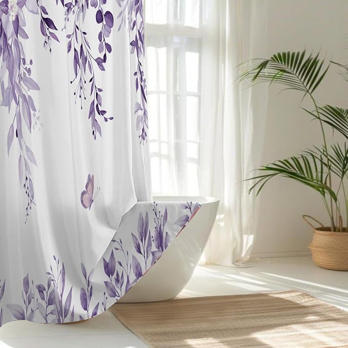 No Hook Shower Curtain and Liner Set, Light Purple Eucalyptus Floral Shower - Image 2