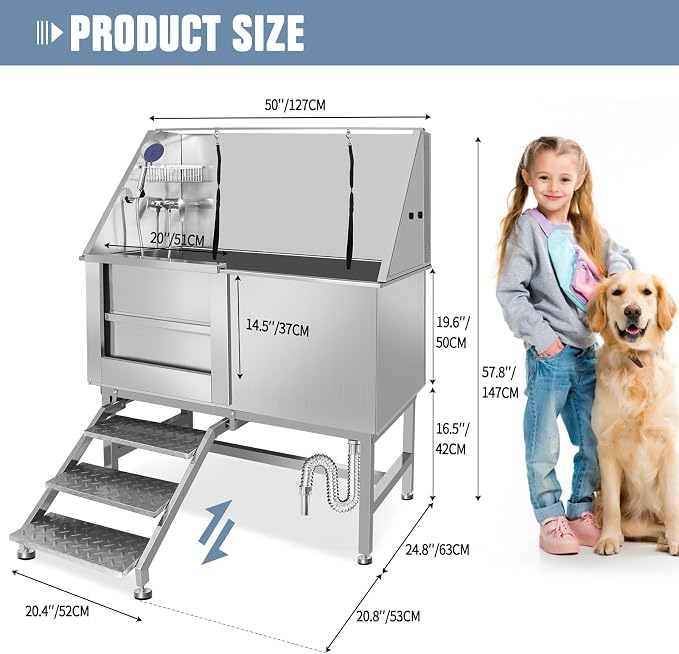 Dog Grooming Bathtub Station, Professional Stainless Steel Wash Shower Sink - Image 2