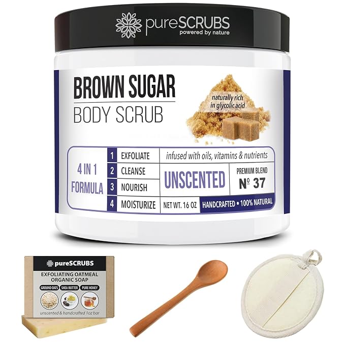 pureSCRUBS Premium Unscented Brown Sugar Body Scrub | Large 16oz Jar | Face - Image 7