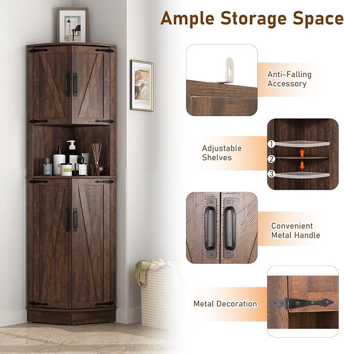 68" Tall Farmhouse Corner Cabinet, Dining Room Storage Cabinet - Image 5
