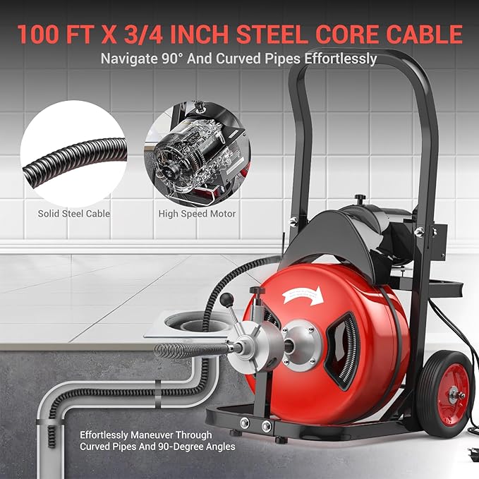 100Ft 3/4 Inch Cable Drain Cleaning Machine, 450W Auto Feed Portable Electric - Image 4