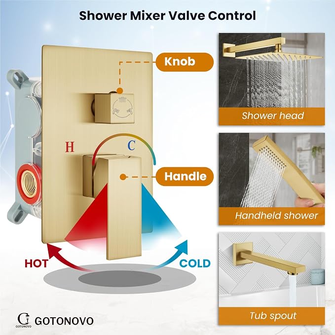 gotonovo Shower System with Tub Spout Wall Mounted Rain Shower Head and Handle - Image 3