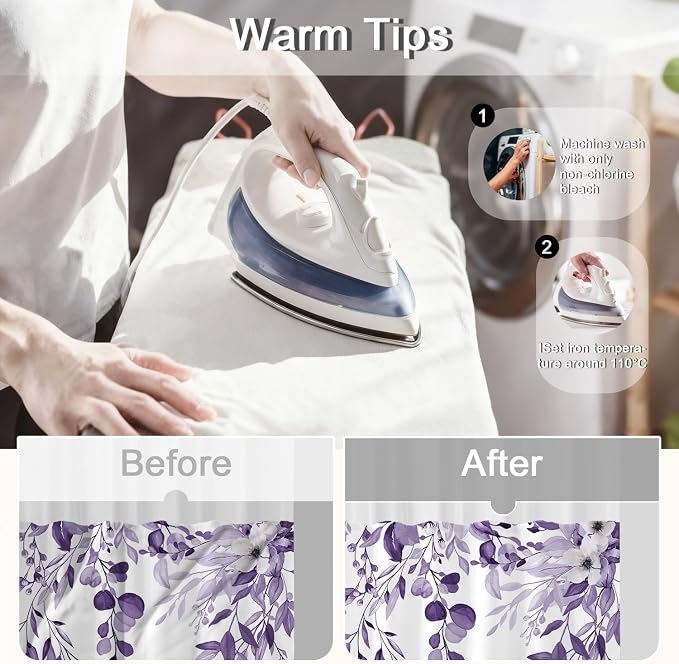 No Hook Shower Curtain and Liner Set, Light Purple Eucalyptus Floral Shower - Image 5