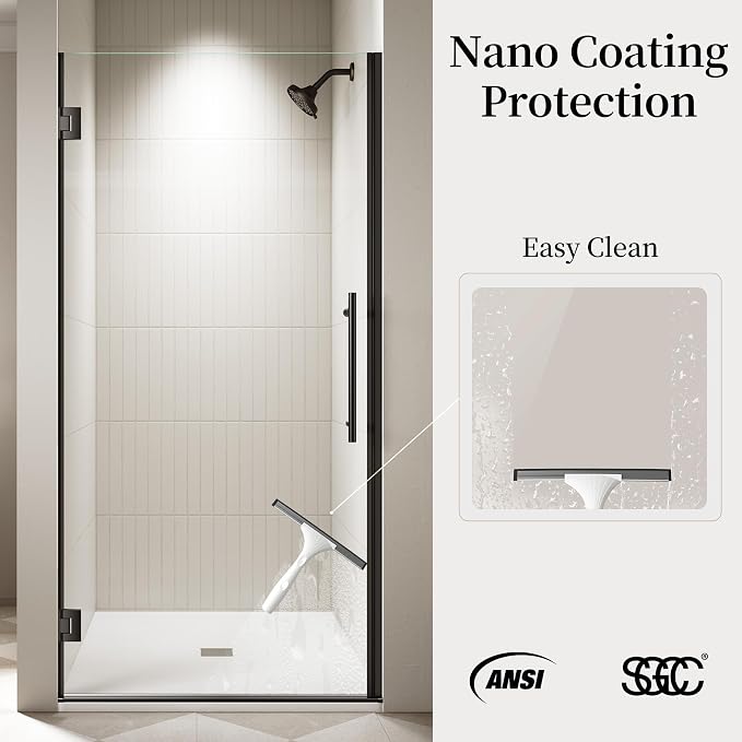 33.6-33.8" x 72" Frameless Hinged Shower Door, Single Swing Shower Panel - Image 3
