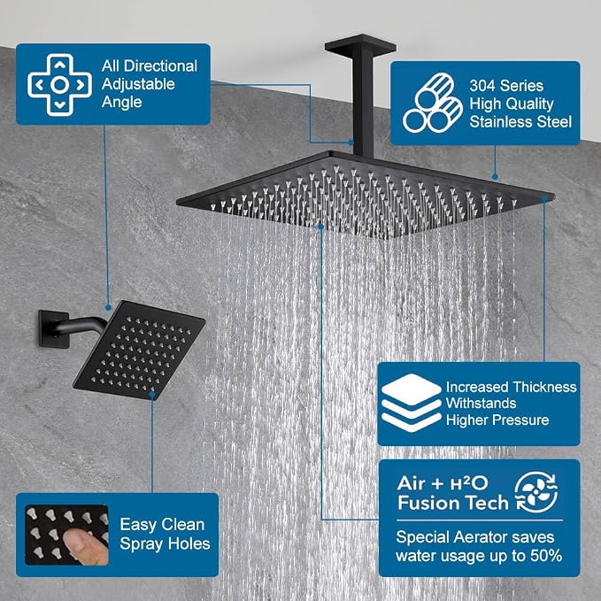 POP SANITARYWARE Matte Black Shower Faucet Set Bathroom Rainfall Shower System - Image 3