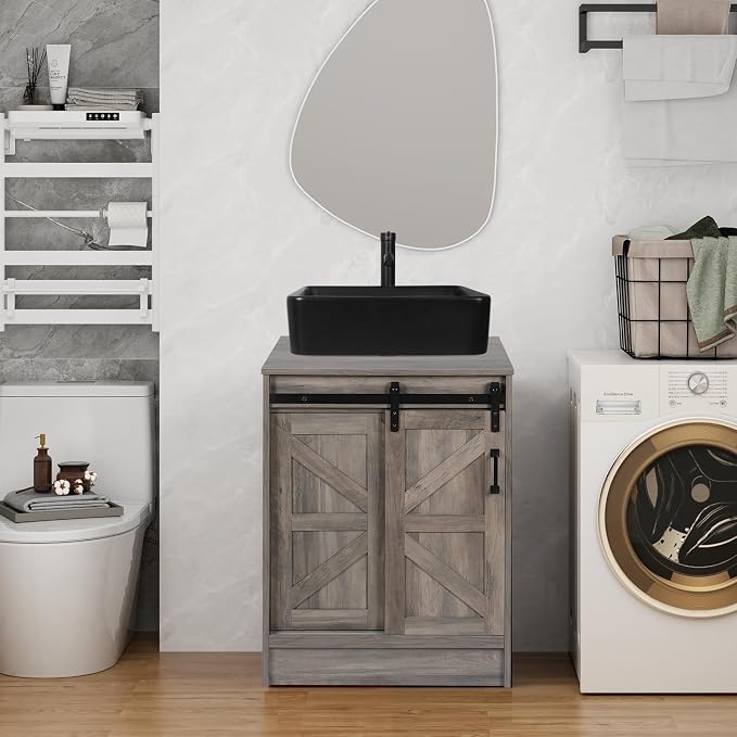 24 inch Barn Door Bathroom Vanity, Farmhouse Style Standing Pedestal Cabinet by Solidee