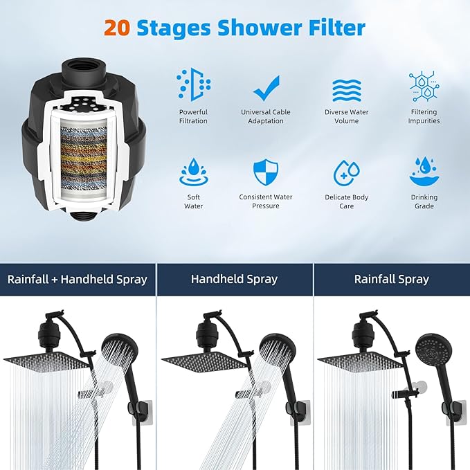 Hibbent All Metal 10'' Dual Filtered Rainfall Shower Head Combo, High Pressure - Image 7