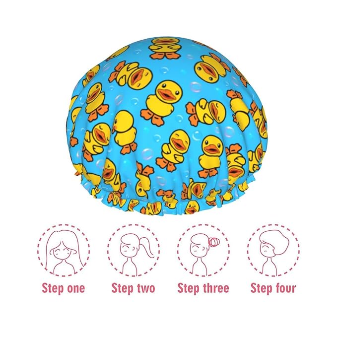 Yellow Rubber Duck Shower Cap For Women Adjustable Double Waterproof Layers - Image 7