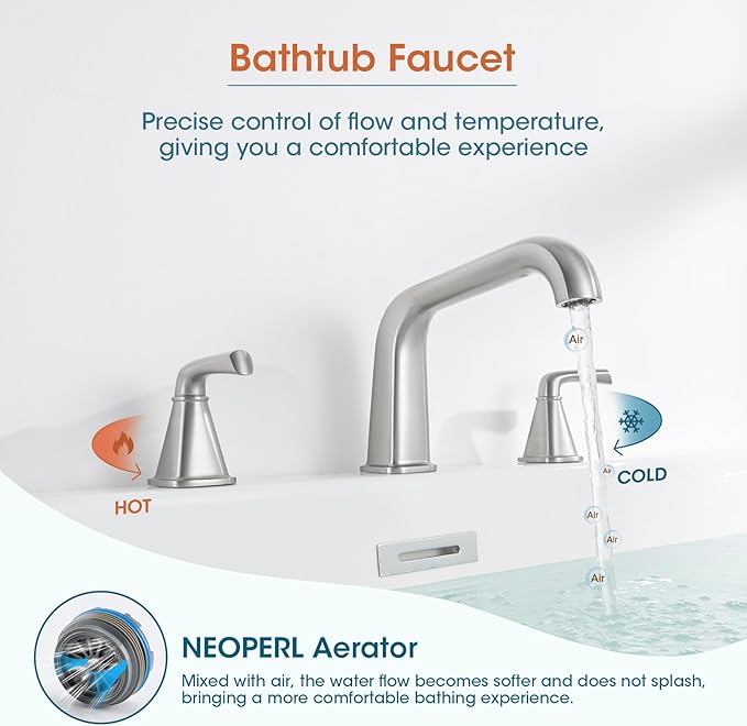 Bathtub Faucet Set 3 Hole, Brushed Nickel Roman Bathtub Faucet, High Flow Deck - Image 6