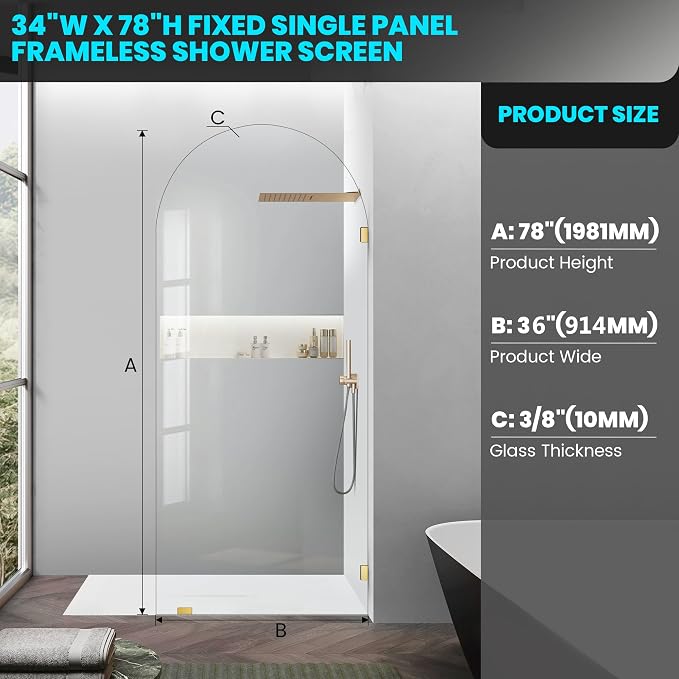 36" W ×78" H Shower Glass Panel, Glass Shower Door Single Panel - Image 3