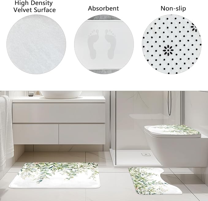 Riyidecor Green Eucalyptus 4Pcs Bathroom Shower Curtain Sets Plants Botanical - Image 7