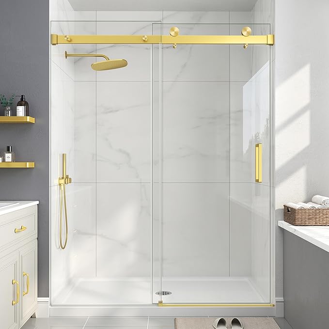Frameless Shower Door, 55-60" W x 76" H Sliding Glass Shower Door, 1/4'' SGCC by EASYWORC