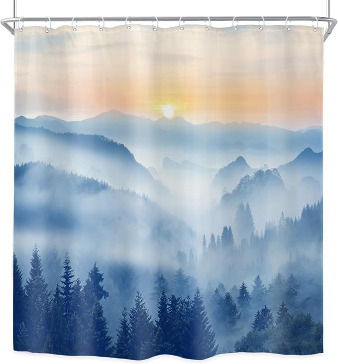 Riyidecor Misty Mountain Shower Curtain 72Wx72H Inch Blue Sunrise Scenery Foggy - Image 8
