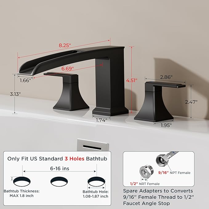 FORIOUS Waterfall Black Bathtub Faucet Set 3 Hole, 2 Handle Deck Mount Roman - Image 2