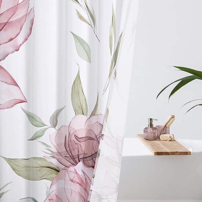Pink and Grey Boho Watercolor Floral Shower Curtain, Ink Painting Style Blossom - Image 3