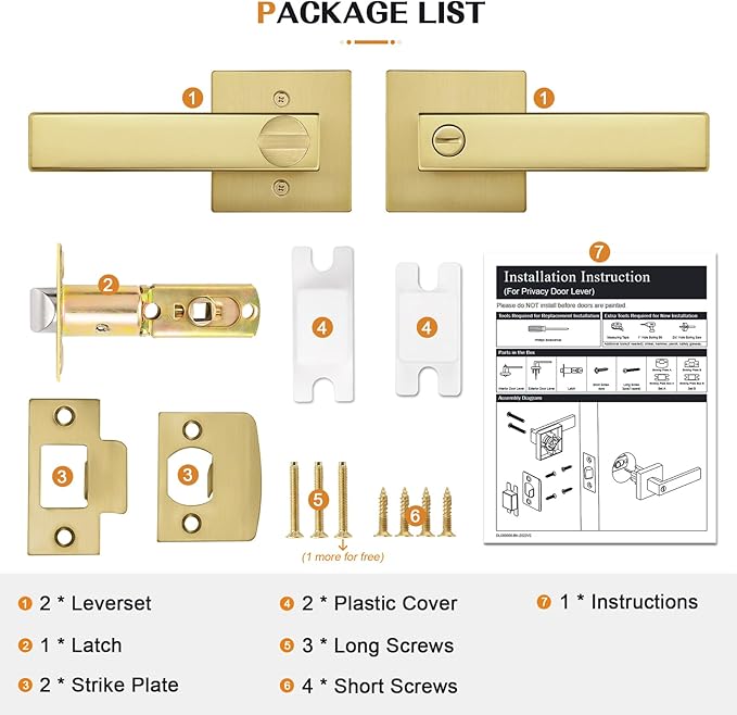 Probrico Heavy Duty Flat Gold Door Handles Square Privacy Interior Door Levers - Image 7