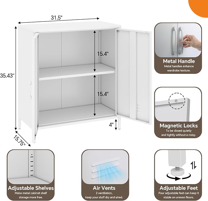 Locker Cabinet, 35.43" H White Metal Locker Storage Cabinet - Image 3